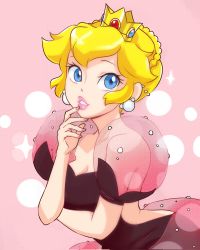 Rule 34 | 1girl, arched back, arm under breasts, backless dress, backless outfit, black dress, blonde hair, blue eyes, breasts, cleavage, crown, detached sleeves, dress, earrings, guichibo, hair up, hand to own mouth, highres, jewelry, looking at viewer, mario (series), medium breasts, mini crown, nintendo, parted lips, pearl earrings, pink background, pink lips, princess peach, see-through, see-through sleeves, sidelocks, solo, super mario bros. 1, upper body