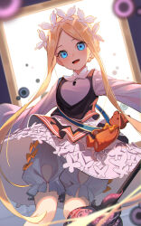 Rule 34 | 1girl, abigail williams (fate), abigail williams (festival outfit) (fate), absurdres, alternate costume, backlighting, black skirt, blonde hair, bloomers, blue eyes, blush, braid, breasts, dress, enmaided, fate/grand order, fate (series), forehead, french braid, highres, keyhole, layered skirt, long hair, looking at viewer, maid, maid headdress, miyu10366, mop, open mouth, parted bangs, sash, sidelocks, skirt, sleeves past fingers, sleeves past wrists, small breasts, smile, solo, stuffed animal, stuffed toy, teddy bear, tentacles, underwear, very long hair, white bloomers, white dress