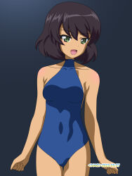 Rule 34 | 1girl, artist name, black hair, blue one-piece swimsuit, blush, breasts, collarbone, covered navel, dated, girls und panzer, green eyes, highres, hoshino (girls und panzer), large breasts, looking at viewer, naotosi, one-piece swimsuit, open mouth, shiny skin, short hair, simple background, smile, solo, swimsuit