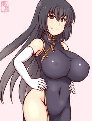 Rule 34 | 1girl, alternate costume, artist logo, black dress, black hair, breasts, china dress, chinese clothes, covered erect nipples, cowboy shot, dated, dress, elbow gloves, gloves, gradient background, hair between eyes, kanon (kurogane knights), kantai collection, large breasts, long hair, looking at viewer, nagato (kancolle), no panties, one-hour drawing challenge, pink background, red eyes, smile