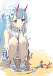 Rule 34 | 1girl, bare legs, beach, bikini, blue archive, blue bikini, blush, chise (blue archive), chise (swimsuit) (blue archive), covering breasts, covering privates, crab, crotch, feet, full body, gluteal fold, hair ornament, halo, highres, horns, knees together feet apart, knees up, legs, long hair, multicolored horns, no socks, red eyes, side ponytail, sitting, skin-covered horns, striped bikini, striped clothes, swimsuit, syhan, toenails, toes