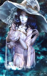 Rule 34 | 1girl, blue eyes, blue hair, blue lips, closed mouth, colored skin, cowboy shot, cracked skin, dress, elden ring, esther shen, extra arms, extra faces, grey skin, hat, looking at viewer, parted lips, ranni the witch, shirt, signature, solo, standing, wading, white dress, white shirt, witch hat