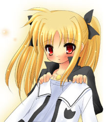 Rule 34 | 00s, 1girl, black ribbon, black shirt, blonde hair, blush, bow, collar, collarbone, fate testarossa, hair bow, hair ribbon, holding, holding clothes, jacket, jewelry, light smile, looking at viewer, lowres, lyrical nanoha, mahou shoujo lyrical nanoha, necklace, pendant, red eyes, ribbon, shirt, simple background, solo, twintails, two side up, upper body, white background, white jacket