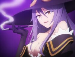 Rule 34 | 1girl, bare shoulders, breasts, cleavage, collarbone, goblin slayer!, hat, highres, large breasts, long hair, mole, mole under eye, purple hair, solo, stitched, third-party edit, witch (goblin slayer!), witch hat