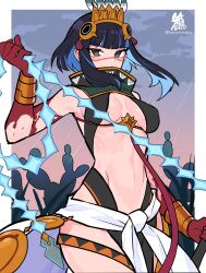 Rule 34 | 1girl, bare shoulders, black hair, black skirt, blood, blood on hands, blue hair, bracer, breasts, cactus, colored inner hair, detached collar, facepaint, fate/grand order, fate (series), feathers, gradient sky, grey eyes, grey sky, hacco mayu, halterneck, headdress, high collar, highres, looking at viewer, multicolored hair, navel, orange sky, pelvic curtain, rain, sash, short hair, sidelocks, skirt, sky, small breasts, solo, tassel, tenochtitlan (fate), tenochtitlan (first ascension) (fate), thighs, twilight, whip