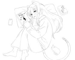 Rule 34 | 1girl, animal ears, barefoot, blush, book, cat, cat ears, cat girl, cat tail, fetal position, highres, holding, holding book, long hair, lying, monochrome, nekopantsu (blt), on side, open mouth, original, pajamas, pillow, reading, sketch, solo, tail