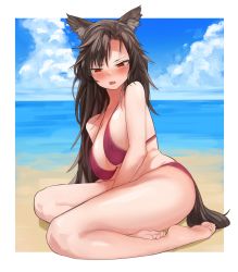 Rule 34 | 1girl, animal ears, bikini, blush, breasts, brown hair, cleavage, collarbone, day, fang, highres, imaizumi kagerou, large breasts, long hair, looking afar, looking down, megame (okbnkn), navel, open mouth, outdoors, red eyes, solo, swimsuit, tail, touhou, wolf ears, wolf tail