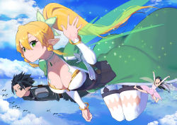 Rule 34 | 1boy, 2girls, :d, ^ ^, anklet, arms up, barefoot, bird, black hair, blonde hair, bracelet, braid, breasts, chou shippai-saku, cleavage, closed eyes, cloud, day, detached sleeves, elf, fairy wings, flower, flying, gem, green eyes, hair between eyes, hair flower, hair ornament, highres, jewelry, juliet sleeves, kirito, kirito (sao-alo), large breasts, leafa, long hair, long sleeves, looking at viewer, mini person, minigirl, multiple girls, open mouth, pointy ears, ponytail, puffy sleeves, sheath, short hair, side braids, sky, smile, sparkle, spiked hair, sword art online, thighhighs, thighs, twin braids, waving, white legwear, wings, yui (sao), yui (sao-alo)