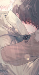 Rule 34 | 2boys, 510 gotoudayo, absurdres, black hair, blonde hair, blurry, close-up, closed eyes, closed mouth, coat, comforting, commentary, depth of field, drawstring, from side, ghost, hair over eyes, highres, hug, long sleeves, male focus, multiple boys, original, see-through, short hair, solo focus, symbol-only commentary