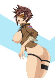 Rule 34 | 1girl, :o, ass, bottomless, breasts, breasts out, brown hair, buckle, chest harness, eyebrows, female focus, freckles, goggles, harness, high collar, highres, jacket, large breasts, leather, leather jacket, looking at viewer, looking back, nipples, open clothes, open jacket, open mouth, overwatch, overwatch 1, puffy nipples, short hair, side slit, sideboob, sleeves rolled up, solo, standing, thick eyebrows, thigh strap, tracer (overwatch), ttrop, union jack