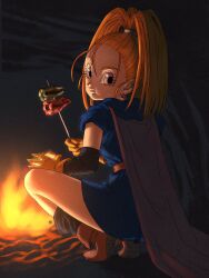 Rule 34 | 1girl, barbara (dq6), bare legs, belt, black socks, blue dress, bonfire, brown footwear, cape, closed mouth, dragon quest, dragon quest vi, dress, earrings, eating, full body, gloves, high ponytail, highres, holding, jewelry, long hair, looking at viewer, night, orange eyes, orange gloves, orange hair, pepper, red cape, short sleeves, socks, solo, squatting, yuto sakurai