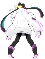 Rule 34 | 1girl, black footwear, boots, bow, cable, claws, dalloc (project moon), from behind, from below, glowing, gya rb, highres, jacket, library of ruina, long sleeves, project moon, puffy long sleeves, puffy sleeves, robot, solo, white bow, white jacket