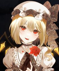 Rule 34 | 1girl, adapted costume, blonde hair, blood, blood in mouth, bow, brown bow, brown vest, collar, collared shirt, commentary request, crystal, flandre scarlet, flower, frilled collar, frilled shirt collar, frills, hat, hat bow, head tilt, highres, holding, holding flower, lace-trimmed headwear, lace trim, long hair, looking at viewer, mob cap, red eyes, red flower, red nails, rose, shirt, short sleeves, solo, tongue, tongue out, touhou, upper body, uzmee, vest, white shirt, wings