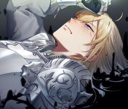 Rule 34 | 13 (bbr584607091), 1boy, armor, biting own lip, black gloves, blonde hair, blue eyes, breastplate, crying, crying with eyes open, gauntlets, gloves, grey background, grey shirt, hair between eyes, hand up, highres, knight of the dawn (twisted wonderland), liquid, long hair, long sleeves, lying, male focus, on back, pauldrons, shirt, shoulder armor, single pauldron, solo, spoilers, tears, twisted wonderland, upper body, white armor