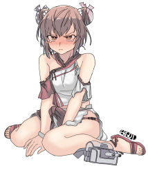 Rule 34 | 1girl, :i, blush, brown eyes, brown hair, bulge, chinese clothes, double bun, erection, erection under clothes, ergot, full body, futanari, hair bun, hair ornament, highres, implied futanari, kantai collection, pout, red footwear, sandals, simple background, sitting, solo, swimsuit, tan yang (kancolle), tears, torn clothes, white background, yukikaze (kancolle)