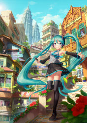 Rule 34 | 1girl, black footwear, black skirt, blue eyes, blue hair, blush, boots, chong feigiap, closed mouth, day, flower, hatsune miku, highres, kaito (vocaloid), knee boots, long hair, looking at viewer, outdoors, scenery, skirt, sky, smile, solo focus, stairs, twintails, very long hair, vocaloid