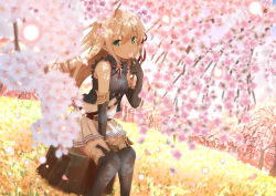 Rule 34 | 1girl, absurdres, arisa (shadowverse), black footwear, black gloves, black shirt, black thighhighs, blonde hair, blurry, blurry foreground, blush, boots, breasts, commentary request, covered mouth, day, depth of field, dutch angle, elbow gloves, elf, flower, flower over mouth, gloves, green eyes, hair between eyes, head tilt, highres, holding, holding flower, long hair, looking at viewer, outdoors, pink flower, pleated skirt, pointy ears, shadowverse, shibakame, shirt, sitting, skirt, sleeveless, sleeveless shirt, small breasts, solo, thigh boots, thighhighs, tree stump, very long hair, white skirt