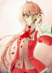 Rule 34 | 1girl, blood, bloody rose, choker, evillious nendaiki, flower, highres, holding, holding weapon, knife, long hair, ma survival (vocaloid), nekomura iroha, nekomura iroha (vocaloid4), petals, pink hair, red rose, red shirt, ribbon choker, rose, rose petals, shirt, solo, uglytree, vocaloid, weapon, yellow eyes, 「ma」 survival (vocaloid)