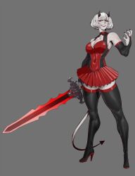 Rule 34 | 1girl, bare shoulders, black footwear, black gloves, boots, breasts, cleavage, clenched teeth, collarbone, commentary, commission, demon horns, demon tail, dress, elbow gloves, full body, gloves, grey background, halterneck, high heels, highres, holding, holding sword, holding weapon, horns, jankojaro, large breasts, looking at viewer, medium hair, miniskirt, muscular, muscular female, nail polish, navel, original, red dress, red eyes, red skirt, short dress, simple background, skirt, smile, solo, standing, sword, tail, teeth, thigh boots, weapon, white hair