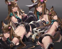 Rule 34 | 1girl, absurdres, animal ears, ass, back, bare shoulders, black thighhighs, blue eyes, brown hair, detached sleeves, erune, frills, gradient background, granblue fantasy, hair ornament, headpat, highres, knees up, long hair, long sleeves, looking at viewer, metera (granblue fantasy), mole, mole under mouth, multiple views, neonbeat, revealing clothes, see-through, sitting, smile, thighhighs, tongue, tongue out, top-down bottom-up