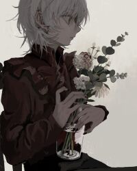 Rule 34 | 1other, collared shirt, ear piercing, end80236189, flower, highres, holding, holding vase, long sleeves, nail polish, original, other focus, piercing, profile, red shirt, shirt, short hair, simple background, solo, white hair