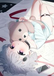 Rule 34 | 1girl, :&lt;, bandaid, bandaid on leg, bear hair ornament, black collar, blush, cellphone, collar, commentary request, earrings, feet out of frame, grey hair, hair ornament, hairclip, highres, jewelry, long sleeves, looking at viewer, lying, o-ring, hugging object, off-shoulder shirt, off shoulder, on back, original, parted lips, phone, phone with ears, purple eyes, ring, shirt, sleeves past wrists, solo, stuffed animal, stuffed toy, teddy bear, thigh strap, triangle mouth, tsukiman, white shirt