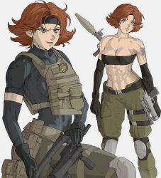 Rule 34 | 1girl, abs, assault rifle, bandeau, black bandeau, black gloves, black headband, black shirt, blue eyes, breasts, brown hair, bullpup, cleavage, collarbone, commentary, desert eagle, earrings, elbow gloves, electronic firearm, english commentary, famas, gloves, green pants, gun, handgun, headband, highres, holding, holding gun, holding weapon, jewelry, knee pads, medium breasts, meryl silverburgh, metal gear (series), metal gear solid 4: guns of the patriots, navel, pants, pistol, rifle, rocket-propelled grenade, rocket (projectile), rocket launcher, rpg, rpg-7, rpg (weapon), scope, shirt, shoulder tattoo, smile, submachine gun, t-shirt, tattoo, toned, weapon, yoracrab