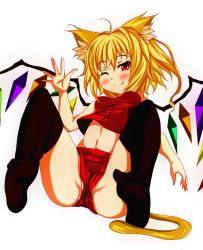 Rule 34 | 1girl, animal ears, black thighhighs, blonde hair, cat ears, cat girl, cat tail, fang, female focus, flandre scarlet, furagu, highres, kemonomimi mode, navel, no headwear, no headwear, no shoes, one eye closed, red eyes, short shorts, shorts, smile, solo, tail, thighhighs, touhou, wings, wink