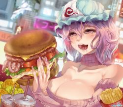 Rule 34 | 1girl, alternate costume, artist name, bacon, bare shoulders, blizzomos, blurry, blush, breasts, cheese, cleavage, collarbone, contemporary, depth of field, detached sleeves, food, french fries, hair between eyes, burger, hat, highres, holding, holding food, large breasts, lettuce, mob cap, nail polish, open mouth, pink eyes, pink hair, pink nails, pink scarf, ribbed sweater, saigyouji yuyuko, saliva, scarf, soda, solo, sweater, tomato, touhou, triangular headpiece, upper body