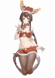 Rule 34 | 1girl, absurdres, amiya (arknights), animal ear fluff, arknights, bell, blue eyes, brown hair, brown pantyhose, christmas, hat, highres, jewelry, long hair, nail polish, pantyhose, ponytail, rabbit ears, rabbit girl, red hat, ring, santa hat, simple background, solo, strapless, tube top, very long hair