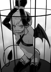 Rule 34 | 1girl, absurdres, angry, bdsm, bit gag, bondage, bound, bound wrists, breasts, cage, criss-cross halter, demon girl, demon horns, demon tail, demon wings, elbow gloves, female focus, gag, gloves, greyscale, halterneck, highres, horns, in cage, kneeling, mao18g, medium hair, monochrome, original, panties, rope, slit pupils, small breasts, solo, tail, teeth, thighhighs, underwear, wings