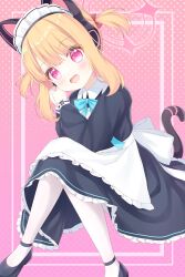 Rule 34 | 1girl, animal ear headphones, animal ears, apron, black dress, black footwear, blonde hair, blue archive, blush, cat tail, dress, fake animal ears, frilled apron, frilled dress, frills, full body, halo, headphones, highres, long sleeves, maid, maid apron, maid headdress, momoi (blue archive), momoi (maid) (blue archive), official alternate costume, open mouth, pantyhose, pink halo, red eyes, shoes, short hair, smile, solo, tail, white apron, white pantyhose, yottacc