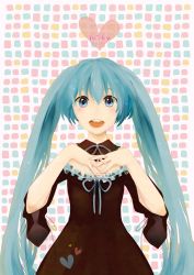 Rule 34 | 1girl, aqua eyes, aqua hair, bad id, bad pixiv id, dress, own hands clasped, hatsune miku, interlocked fingers, kochouran, long hair, open mouth, own hands together, solo, twintails, very long hair, vocaloid