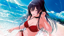 Rule 34 | 1girl, ;d, arm up, beach, bikini, black hair, blue sky, blush, breasts, brown eyes, choker, cleavage, cropped, day, dutch angle, earrings, glint, hair between eyes, highres, idolmaster, idolmaster shiny colors, jewelry, large breasts, layered bikini, long hair, looking at viewer, navel, necklace, non-web source, official art, one eye closed, open mouth, outdoors, ponytail, red bikini, shirase sakuya, side-tie bikini bottom, sky, smile, solo, swimsuit, tomari (veryberry00)