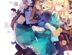 Rule 34 | 1girl, :|, bad id, bad pixiv id, blonde hair, blue eyes, closed mouth, flower, hair over one eye, highres, hugging doll, hugging object, ib (kouri), kkkury, long hair, looking at viewer, lying, mary (ib), rose, solo