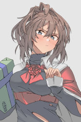 Rule 34 | 1girl, artist logo, artist name, ascot, blue eyes, blush, box, brown hair, capelet, closed mouth, ergot, flower, gift, gift box, grey background, hair between eyes, highres, holding, holding gift, kantai collection, long sleeves, medium hair, military, military uniform, official alternate costume, red ascot, red capelet, red flower, red rose, rose, sheffield (kancolle), simple background, solo, torn clothes, uniform, upper body
