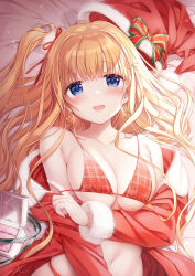Rule 34 | 1girl, blonde hair, blue eyes, blush, bow, bra, checkered bra, checkered clothes, christmas, coat, earrings, fur-trimmed coat, fur-trimmed sleeves, fur trim, hair between eyes, hair ribbon, hat, heart, heart earrings, high ponytail, highres, jewelry, kimishima ao, long hair, long sleeves, looking at viewer, lying, midriff, navel, on back, on bed, open mouth, original, panties, red bra, red panties, red ribbon, ribbon, ring, ring box, santa hat, side ponytail, skindentation, solo, straight hair, underwear