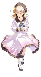 Rule 34 | 1girl, absurdres, beret, brown footwear, brown hat, brown sailor collar, buttons, closed eyes, closed mouth, commentary, dream believers (love live!), dress, frilled dress, frills, full body, hat, highres, hinoshita kaho, koiori, light brown hair, link! like! love live!, long sleeves, looking down, love live!, mary janes, medium hair, sailor collar, sailor dress, shoes, simple background, smile, socks, solo, two side up, white background, white dress, white socks
