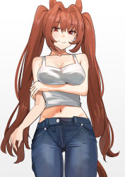 Rule 34 | 1girl, animal ears, arm under breasts, bare arms, bare shoulders, blue pants, breasts, brown hair, camisole, cleavage, closed mouth, commentary request, crop top, daiwa scarlet (umamusume), denim, gradient background, grey background, groin, hair between eyes, hair intakes, highres, horse ears, horse girl, horse tail, jeans, large breasts, long hair, midriff, navel, pants, red eyes, smile, solo, solokitsune, tail, twintails, umamusume, very long hair, white background, white camisole