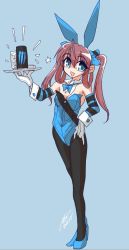 Rule 34 | 1girl, alternate costume, animal ears, arm warmers, asagumo (kancolle), black pantyhose, blue background, blue bow, blue bowtie, blue footwear, blue leotard, bow, bowtie, breasts, brown hair, can, detached collar, energy drink, full body, glass, gloves, grey eyes, hair ribbon, hair rings, high heels, kantai collection, kieyza, leotard, long hair, monster energy, pantyhose, playboy bunny, rabbit ears, ribbon, simple background, small breasts, solo, standing, strapless, strapless leotard, twintails, white gloves, wrist cuffs