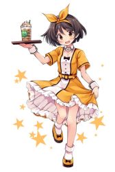 Rule 34 | 1girl, alternate color, alternate costume, bow, brown hair, clothes lift, dessert, detached collar, dress, dress lift, food, full body, green footwear, hairband, kantai collection, odawara hakone, short hair, short sleeves, simple background, socks, solo, standing, star (symbol), starry background, tanikaze (kancolle), two-tone dress, waitress, white background, white socks, wrist cuffs, yellow dress, yellow eyes, yellow footwear