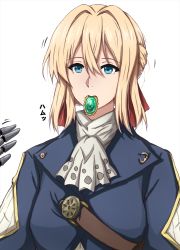 Rule 34 | 1girl, ascot, blonde hair, blue eyes, blue jacket, braid, brooch, facing viewer, french braid, hair between eyes, hair ribbon, hand up, highres, jacket, jewelry, juliet sleeves, long sleeves, looking at viewer, mouth hold, omachi (slabco), prosthesis, prosthetic hand, puffy sleeves, red ribbon, ribbon, short hair, simple background, solo, upper body, violet evergarden, violet evergarden (series), white ascot, white background