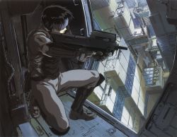 Rule 34 | 1990s (style), 1girl, body armor, boots, building, bullpup, city, cyberpunk, czn-m22, fingerless gloves, ghost in the shell, gloves, gun, head-mounted display, highres, kusanagi motoko, official art, official style, retro artstyle, rifle, science fiction, solo, submachine gun, vest, visor, weapon