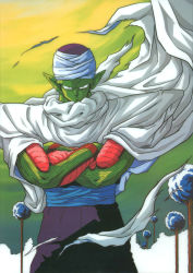 Rule 34 | 1boy, absurdres, billowing cape, cape, colored skin, cowboy shot, day, dragon ball, dragonball z, feet out of frame, green skin, highres, looking at viewer, namekian, official art, outdoors, piccolo, pointy ears, retro artstyle, scan, serious, solo, torn cape, torn clothes, turban