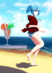 Rule 34 | 1girl, aged up, alternate costume, alternate hairstyle, bad id, bad pixiv id, bare legs, barefoot, beach, bikini, blue eyes, blue hair, blue sky, blurry, cirno, cloud, cup, day, depth of field, drink, highres, hood, hooded jacket, jacket, looking back, matching hair/eyes, outdoors, ponytail, shadow, short hair, sideways, sky, sleeves pushed up, sola7764, solo, striped bikini, striped clothes, swimsuit, table, touhou, wings