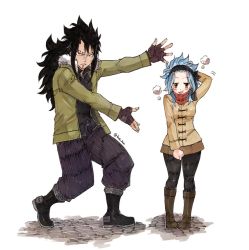 Rule 34 | 1boy, 1girl, bad id, bad twitter id, black footwear, black gloves, black hair, black pants, black pantyhose, black shirt, blue hair, blush, boots, brown eyes, brown footwear, brown skirt, brown sweater, coat, ear piercing, fairy tail, fingerless gloves, full body, fur trim, gajeel redfox, gloves, green coat, headband, knee boots, levy mcgarden, long hair, looking at viewer, meme, miniskirt, open clothes, open coat, open mouth, pants, pantyhose, photo-referenced, piercing, pleated skirt, real life, red scarf, rusky, scarf, shirt, simple background, sketch, skirt, standing, sweater, white background, winter clothes