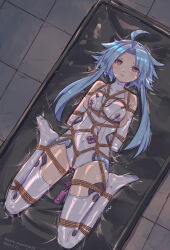 Rule 34 | 1girl, absurdres, arms behind back, bdsm, blue hair, blush, bondage, bound, bound arms, bound legs, breasts, breathing tube, breathplay, commission, dated, egg vibrator, elbow gloves, full body, gloves, highres, leotard, medium hair, neptune (series), nero augustus, nipple stimulation, red eyes, restrained, rope, sex toy, shibari, shibari over clothes, short hair with long locks, small breasts, solo, thighhighs, vacuum bed, vibrator, vibrator on nipple, white gloves, white heart (neptunia), white leotard, white thighhighs