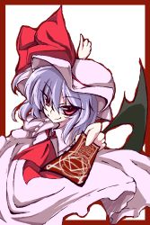 Rule 34 | 1girl, ascot, bat wings, border, brooch, female focus, gem, hat, jewelry, mob cap, ofuda, outstretched arms, pink hat, red ascot, red eyes, remilia scarlet, silver hair, simple background, smile, solo, take tonbo, touhou, vampire, white background, wings