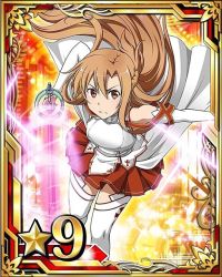 Rule 34 | 10s, 1girl, armor, asuna (sao), breastplate, brown eyes, brown hair, card (medium), detached sleeves, holding, holding sword, holding weapon, long hair, looking at viewer, pleated skirt, red skirt, skirt, solo, star (symbol), sword, sword art online, thighhighs, weapon, white thighhighs