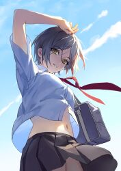 Rule 34 | 1girl, arm up, bag, blue bag, breasts, cloud, dress shirt, earrings, grey hair, hayami kanade, highres, idolmaster, idolmaster cinderella girls, jewelry, looking at viewer, medium breasts, navel, necktie, open mouth, pleated skirt, red necktie, school bag, school uniform, shirt, short hair, short sleeves, shoulder bag, sidelocks, skirt, solo, stud earrings, upshirt, white shirt, yannn, yellow eyes